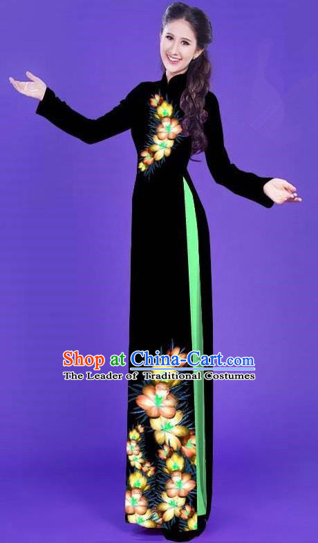 Top Grade Asian Vietnamese Costumes Classical Jing Nationality Long Printing Flowers Cheongsam, Vietnam National Vietnamese Bride Traditional Princess Black Ao Dai Dress