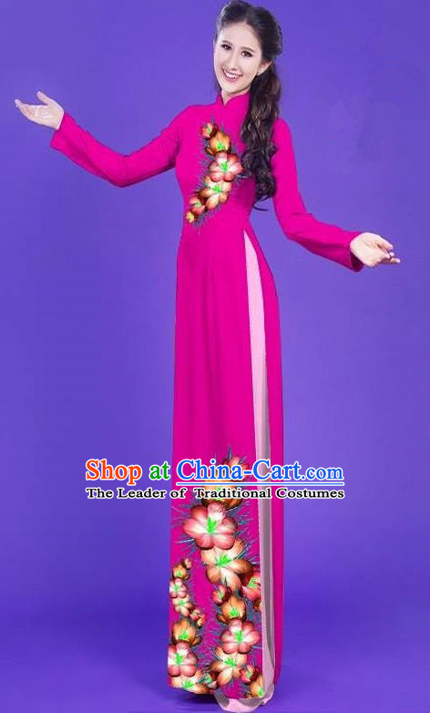 Top Grade Asian Vietnamese Costumes Classical Jing Nationality Long Printing Flowers Cheongsam, Vietnam National Vietnamese Bride Traditional Princess Rosy Ao Dai Dress