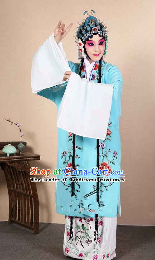 Traditional Chinese Beijing Opera Huangmei Opera Female Blue Clothing and Headwear Complete Set, China Peking Opera Diva Role Hua Tan Costume Embroidered Opera Costumes