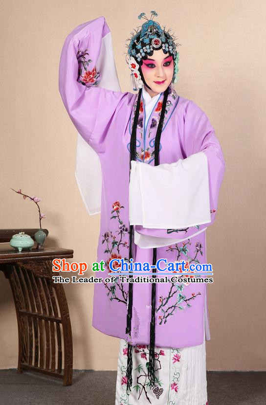 Traditional Chinese Beijing Opera Huangmei Opera Female Purple Clothing and Headwear Complete Set, China Peking Opera Diva Role Hua Tan Costume Embroidered Opera Costumes