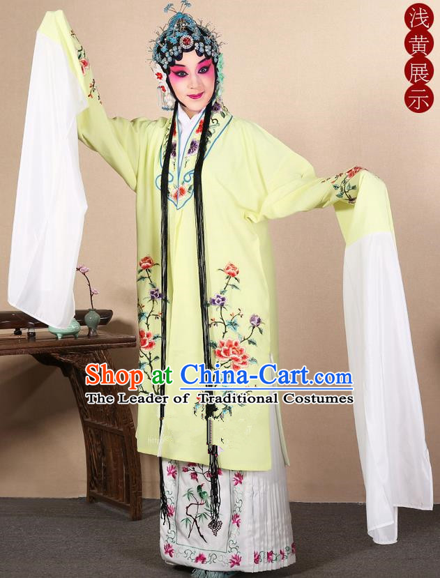 Traditional Chinese Beijing Opera Huangmei Opera Female Yellow Clothing and Headwear Complete Set, China Peking Opera Diva Role Hua Tan Costume Embroidered Opera Costumes