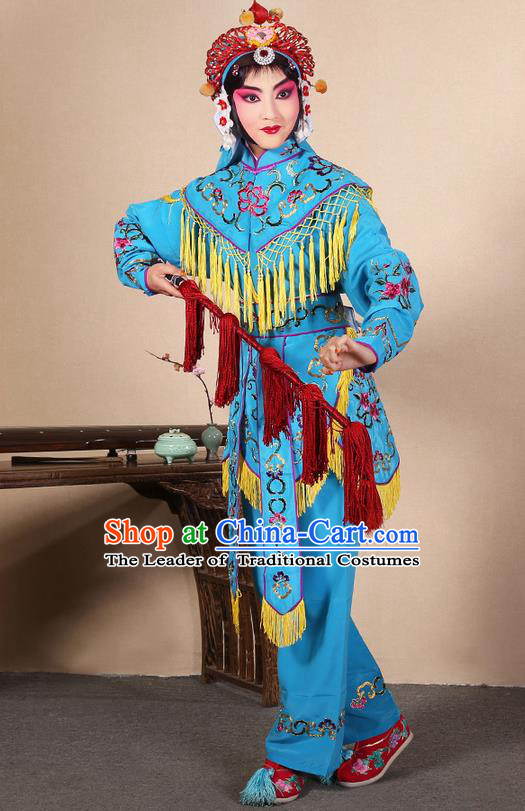 Traditional Chinese Beijing Opera Shaoxing Opera Magic Warriors Blue Clothing and Shoes Complete Set, China Peking Opera Women Pawn Dress Costume Embroidered Opera Costumes