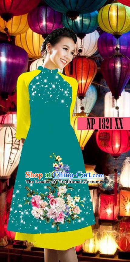 Top Grade Asian Vietnamese Costumes Classical Jing Nationality Green Cheongsam, Vietnam National Clothing Vietnamese Bride Traditional Printing Ao Dai Dress