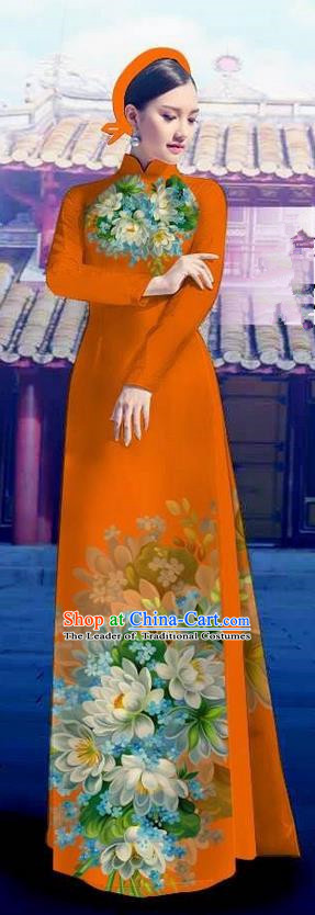 Top Grade Asian Vietnamese Costumes Classical Jing Nationality Long Orange Cheongsam, Vietnam National Clothing Vietnamese Bride Traditional Printing Flowers Ao Dai Dress