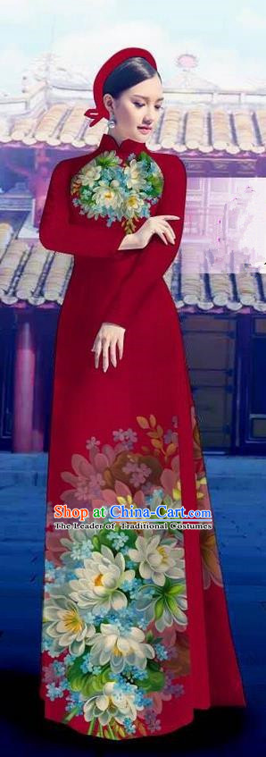 Top Grade Asian Vietnamese Costumes Classical Jing Nationality Long Wine Red Cheongsam, Vietnam National Clothing Vietnamese Bride Traditional Printing Flowers Ao Dai Dress