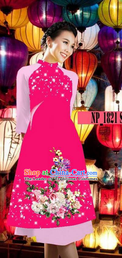 Top Grade Asian Vietnamese Costumes Classical Jing Nationality Pink Cheongsam, Vietnam National Clothing Vietnamese Bride Traditional Printing Ao Dai Dress