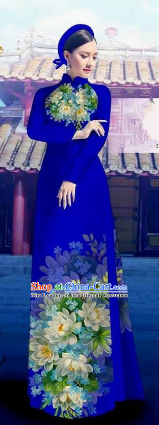 Top Grade Asian Vietnamese Costumes Classical Jing Nationality Long Royalblue Cheongsam, Vietnam National Clothing Vietnamese Bride Traditional Printing Flowers Ao Dai Dress