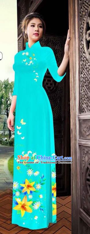 Top Grade Asian Vietnamese Clothing Classical Jing Nationality Long Cheongsam, Vietnam National Bride Traditional Printing Flowers Blue Ao Dai Dress for Women