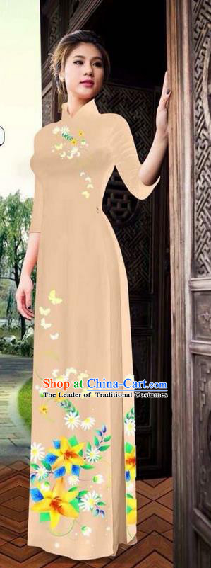 Top Grade Asian Vietnamese Clothing Classical Jing Nationality Long Cheongsam, Vietnam National Bride Traditional Printing Flowers Beige Ao Dai Dress for Women