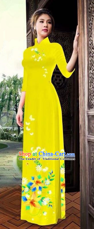 Top Grade Asian Vietnamese Clothing Classical Jing Nationality Long Cheongsam, Vietnam National Bride Traditional Printing Flowers Yellow Ao Dai Dress for Women