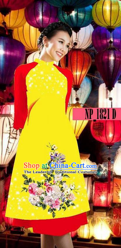 Top Grade Asian Vietnamese Costumes Classical Jing Nationality Yellow Cheongsam, Vietnam National Clothing Vietnamese Bride Traditional Printing Ao Dai Dress