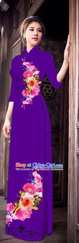 Top Grade Asian Vietnamese Costumes Classical Jing Nationality Long Cheongsam, Vietnam National Clothing Vietnamese Bride Traditional Printing Purple Ao Dai Dress