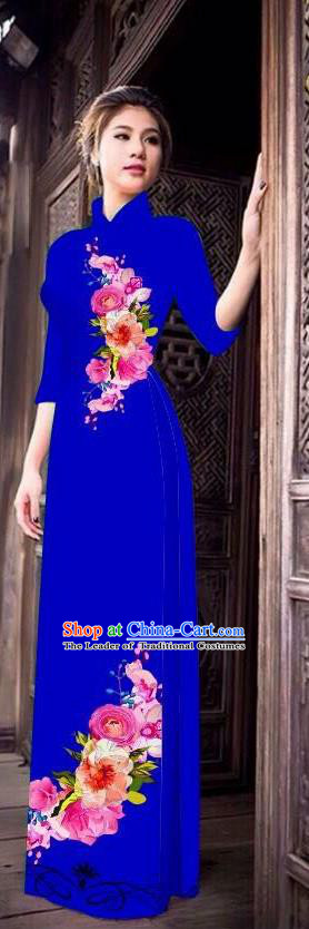 Top Grade Asian Vietnamese Costumes Classical Jing Nationality Long Cheongsam, Vietnam National Clothing Vietnamese Bride Traditional Printing Royalblue Ao Dai Dress