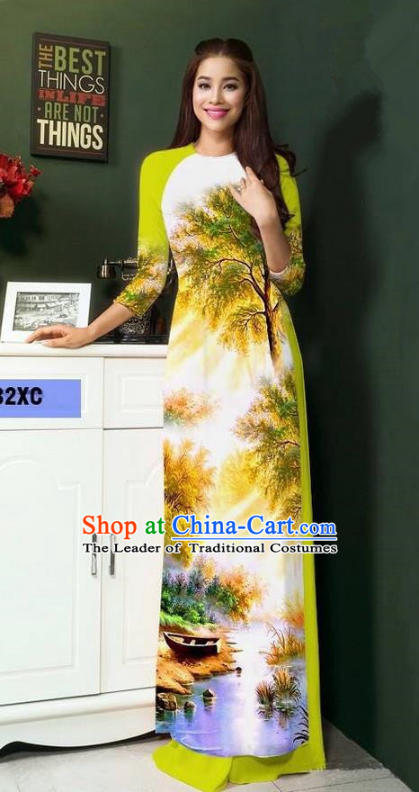 Top Grade Asian Vietnamese Clothing Classical Jing Nationality Handmade Cheongsam, Vietnam National Bride Traditional Printing Green Ao Dai Dress for Women