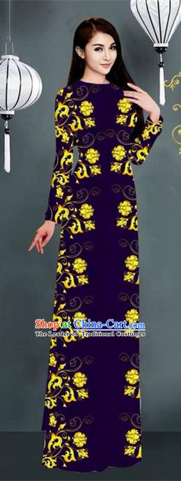 Top Grade Asian Vietnamese Clothing Classical Jing Nationality Handmade Cheongsam, Vietnam National Bride Traditional Printing Deep Purple Ao Dai Dress for Women