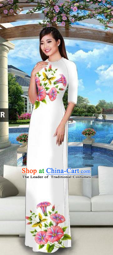 Traditional Top Grade Asian Vietnamese Jing Nationality Classical Ao Dai Dress, Vietnam National Bride Printing White Cheongsam Costumes for Women