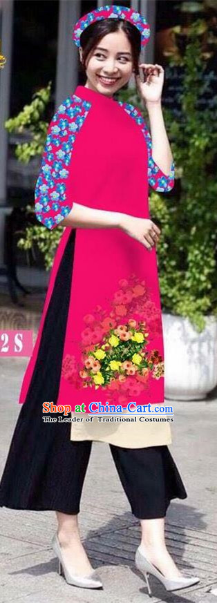 Traditional Top Grade Asian Vietnamese Jing Nationality Classical Ao Dai Dress, Vietnam National Bride Printing Rosy Short Cheongsam Costumes for Women