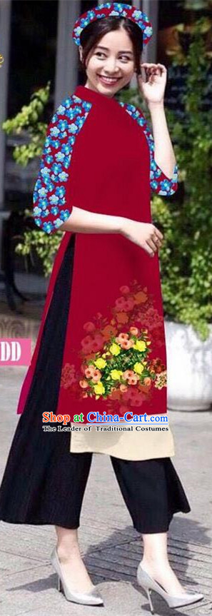 Traditional Top Grade Asian Vietnamese Jing Nationality Classical Ao Dai Dress, Vietnam National Bride Printing Wine Red Short Cheongsam Costumes for Women