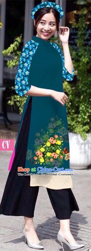 Traditional Top Grade Asian Vietnamese Jing Nationality Classical Ao Dai Dress, Vietnam National Bride Printing Peacock Green Short Cheongsam Costumes for Women