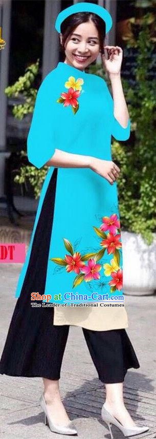 Traditional Top Grade Asian Vietnamese Jing Nationality Ha Festival Ao Dai Dress, Vietnam National Bride Printing Blue Short Cheongsam Costumes for Women