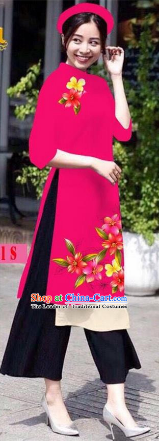 Traditional Top Grade Asian Vietnamese Jing Nationality Ha Festival Ao Dai Dress, Vietnam National Bride Printing Rosy Short Cheongsam Costumes for Women