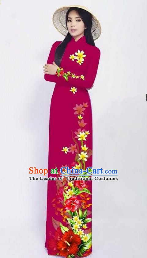 Traditional Top Grade Asian Vietnamese Jing Nationality Ha Festival Long Ao Dai Dress, Vietnam National Bride Printing Red Cheongsam Costumes for Women