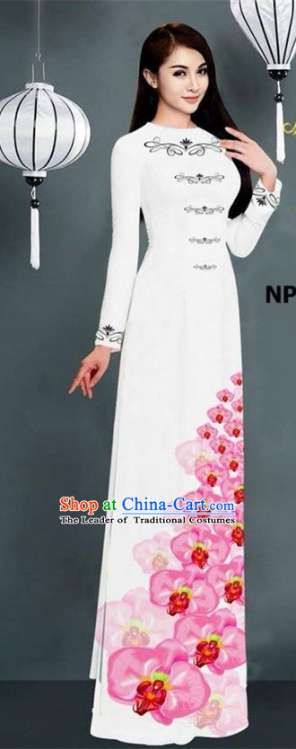 Traditional Top Grade Asian Vietnamese Jing Nationality Ha Festival Long Ao Dai Dress, Vietnam National Bride Printing White Stand Collar Cheongsam Costumes for Women