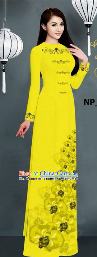 Traditional Top Grade Asian Vietnamese Jing Nationality Ha Festival Long Ao Dai Dress, Vietnam National Bride Printing Yellow Stand Collar Cheongsam Costumes for Women