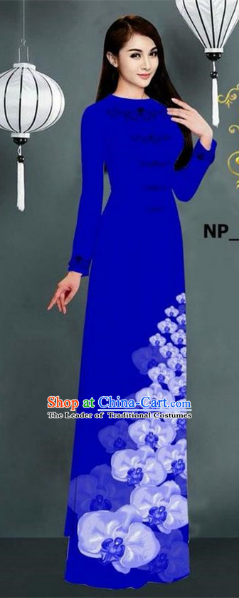 Traditional Top Grade Asian Vietnamese Jing Nationality Ha Festival Long Ao Dai Dress, Vietnam National Bride Printing Royalblue Stand Collar Cheongsam Costumes for Women