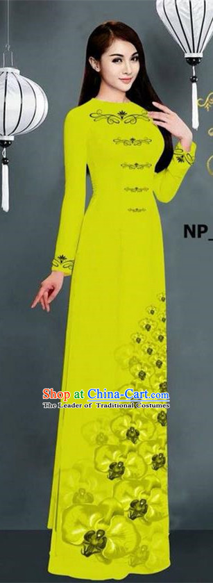 Traditional Top Grade Asian Vietnamese Jing Nationality Ha Festival Long Ao Dai Dress, Vietnam National Bride Printing Green Stand Collar Cheongsam Costumes for Women