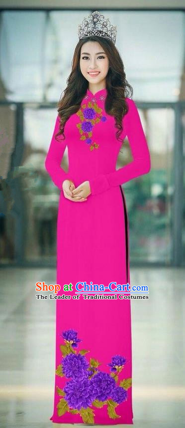 Traditional Top Grade Asian Vietnamese Ha Festival Rosy Long Ao Dai Dress, Vietnam National Jing Nationality Printing Cheongsam Costumes for Women