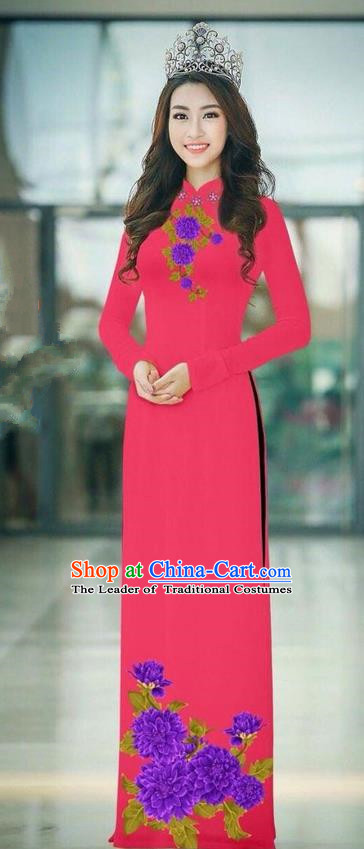 Traditional Top Grade Asian Vietnamese Ha Festival Red Long Ao Dai Dress, Vietnam National Jing Nationality Printing Cheongsam Costumes for Women