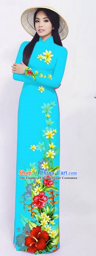 Traditional Top Grade Asian Vietnamese Ha Festival Long Ao Dai Dress and Pants, Vietnam National Jing Nationality Printing Blue Cheongsam Costumes for Women