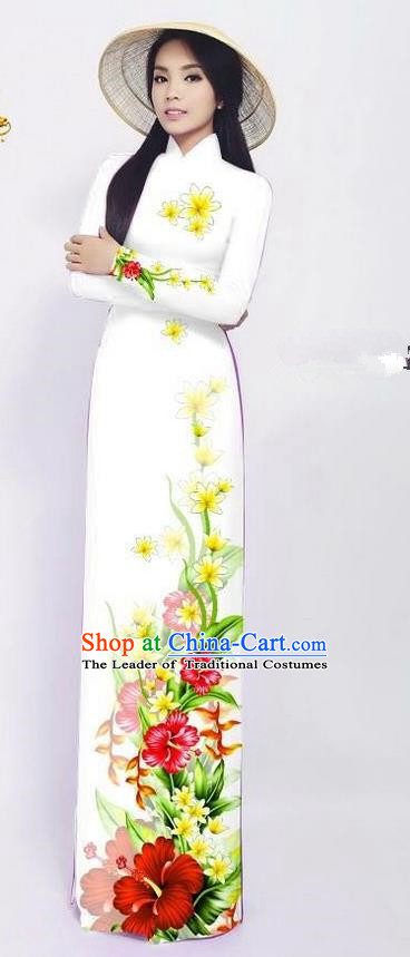 Traditional Top Grade Asian Vietnamese Ha Festival Long Ao Dai Dress and Pants, Vietnam National Jing Nationality Printing White Cheongsam Costumes for Women