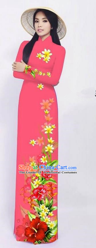 Traditional Top Grade Asian Vietnamese Ha Festival Long Ao Dai Dress and Pants, Vietnam National Jing Nationality Printing Pink Cheongsam Costumes for Women