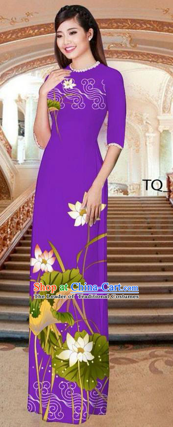 Traditional Top Grade Asian Vietnamese Ha Festival Long Purple Ao Dai Dress, Vietnam National Jing Nationality Printing Lotus Cheongsam Costumes for Women