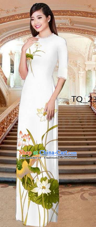 Traditional Top Grade Asian Vietnamese Ha Festival Long White Ao Dai Dress, Vietnam National Jing Nationality Printing Lotus Cheongsam Costumes for Women