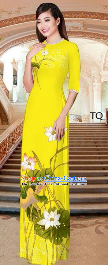 Traditional Top Grade Asian Vietnamese Ha Festival Long Yellow Ao Dai Dress, Vietnam National Jing Nationality Printing Lotus Cheongsam Costumes for Women