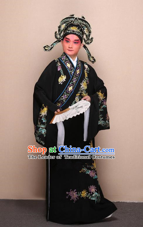 Traditional Chinese Beijing Opera Niche Black Dress Clothing Complete Set, China Peking Opera Young Man Costume Embroidered Chrysanthemum Robe Opera Costumes