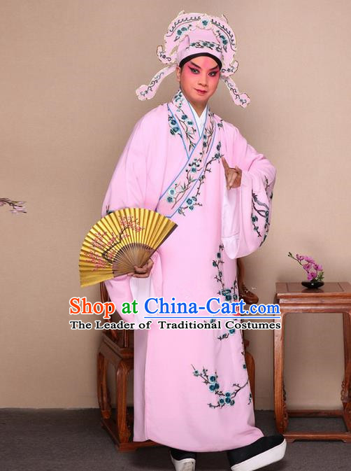 Traditional Chinese Beijing Opera Niche Pink Dress Clothing Complete Set, China Peking Opera Young Man Costume Embroidered Plum Blossom Robe Opera Costumes