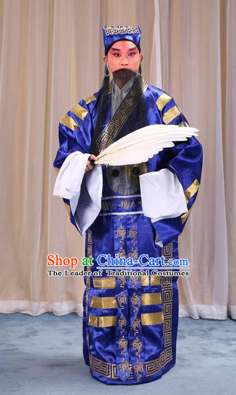 Traditional Chinese Beijing Opera Blue Eight Diagrams Clothing and Boots Feather Fan Complete Set, China Peking Opera Zhuge Liang Costume Embroidered Military Counsellor Robe Opera Costumes