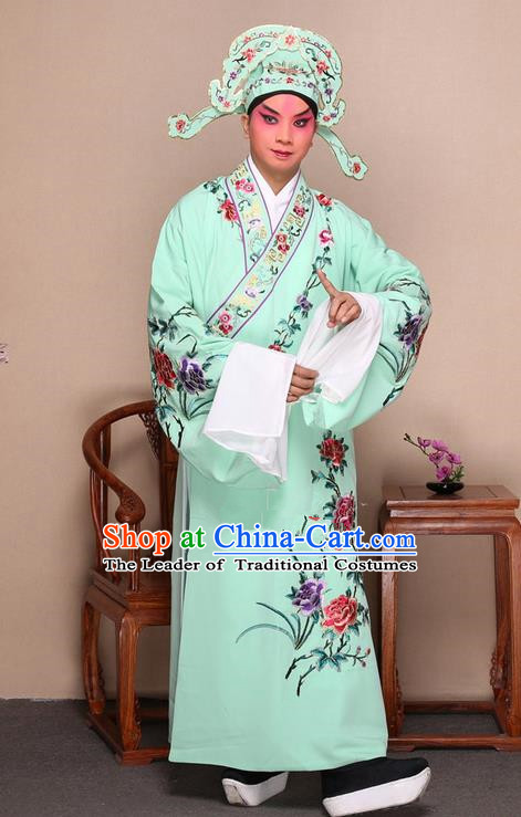 Traditional Chinese Beijing Opera Niche Green Dress Clothing and Boots Fan Complete Set, China Peking Opera Gifted Youth Man Costume Embroidered Robe Opera Costumes