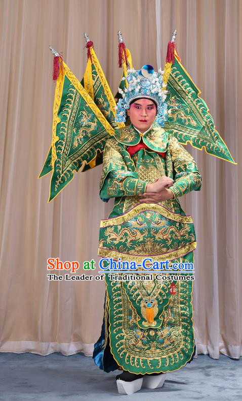 Traditional Chinese Beijing Opera Military Officer Armour Green Clothing and Boots Complete Set, China Peking Opera Martial General Role Costume Embroidered Opera Costumes