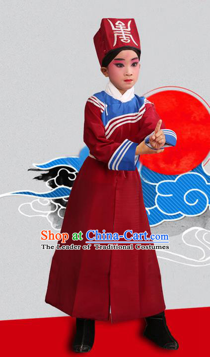 Traditional Chinese Beijing Opera Government Runners Red Clothing and Shoes Complete Set, China Peking Opera Buster Constable Costume Opera Costumes for Kids