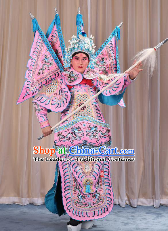 Traditional Chinese Beijing Opera Takefu Green Armour Pink Clothing and Boots Complete Set, China Peking Opera Martial General Role Costume Embroidered Opera Costumes
