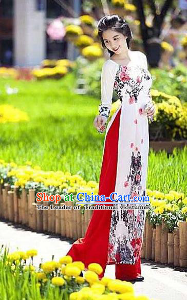 Traditional Top Grade Asian Vietnamese Ha Festival Long Ao Dai Dress, Vietnam National Jing Nationality Landscape Painting Cheongsam Costumes for Women