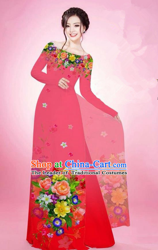 Traditional Top Grade Asian Vietnamese Ha Festival Printing Flowers Watermelon Red Ao Dai Dress, Vietnam National Jing Nationality Off Shoulder Cheongsam Costumes for Women