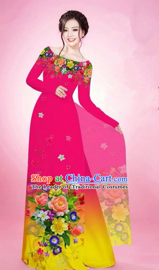 Traditional Top Grade Asian Vietnamese Ha Festival Printing Flowers Rosy Ao Dai Dress, Vietnam National Jing Nationality Off Shoulder Cheongsam Costumes for Women