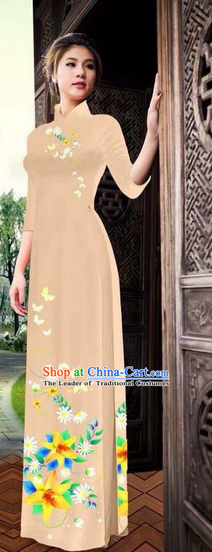 Traditional Top Grade Asian Vietnamese Ha Festival Printing Ao Dai Dress, Vietnam National Jing Nationality Long Khaki Cheongsam Costumes for Women