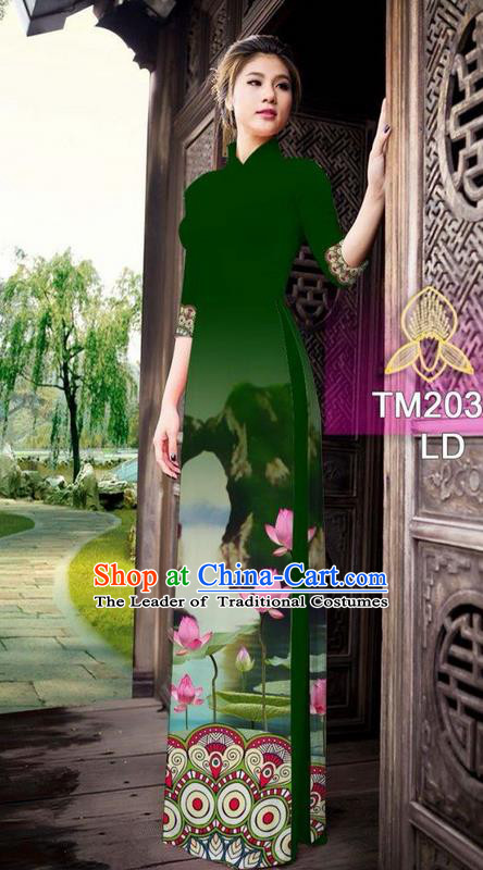 Traditional Top Grade Asian Vietnamese Ha Festival Printing China Guilin Scenery Green Ao Dai Dress, Vietnam National Jing Nationality Cheongsam Costumes for Women